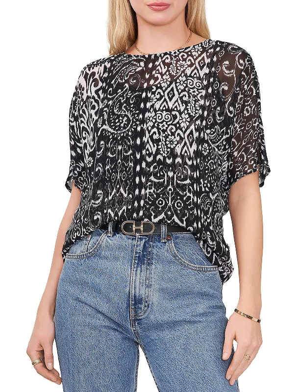 Womens Sheer Crewneck Blouse Embroidered Cotton Blouse
