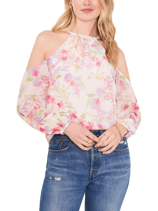 Womens Sheer Floral Blouse Pleated Collar Blouse