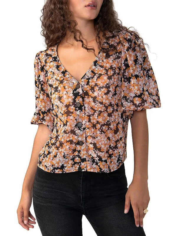 Womens Sheer Puff Sleeve Blouse Lightweight Floral Blouse