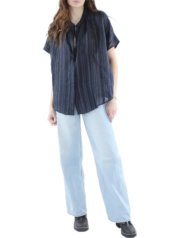 Womens Shirred Mandarin Collar Blouse Flowy Bohemian Blouse