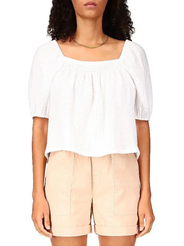 Womens Smocked Puff Sleeve Blouse Bell Sleeve Blouse