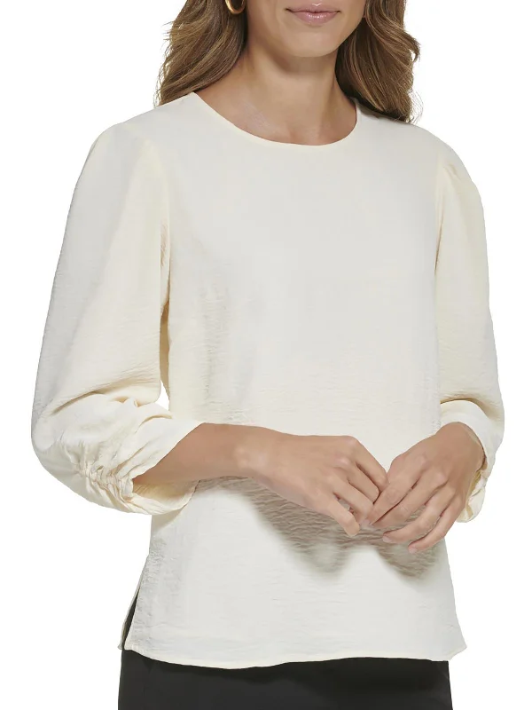 Womens Solid Crew Neck Blouse Balloon Sleeve Blouse