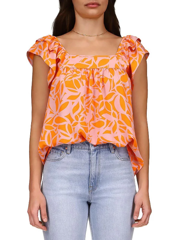 Womens Square Neck Printed Blouse Elegant Lace Blouse