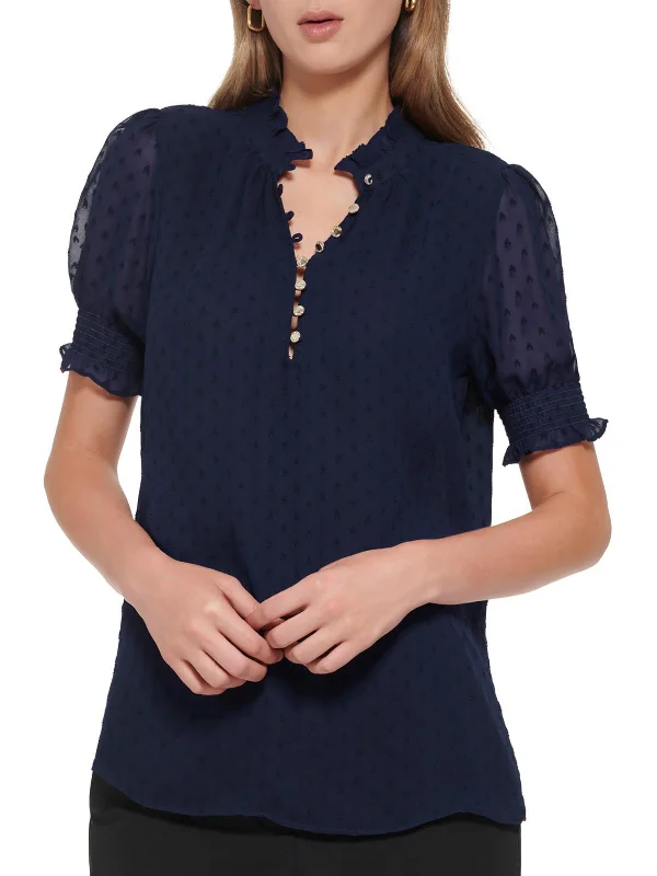 Womens Textured 1/4 Placket Blouse Gathered Detail Blouse