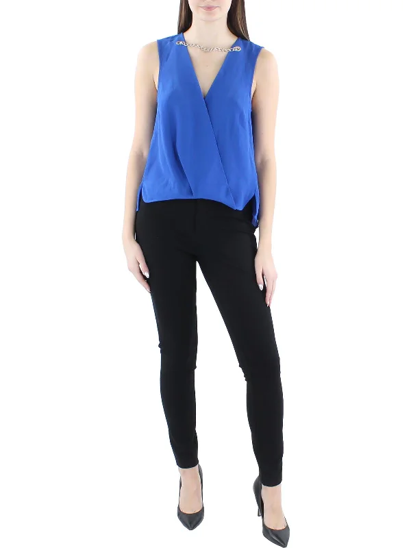 Womens Textured Surplice Blouse Silky Draped Blouse