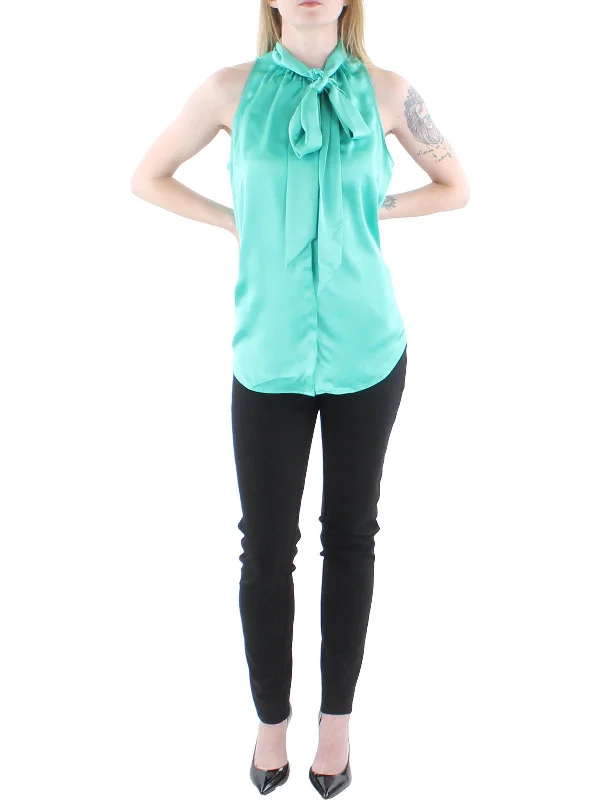 Womens Tie Neck Covered Placket Blouse Mandarin Collar Blouse