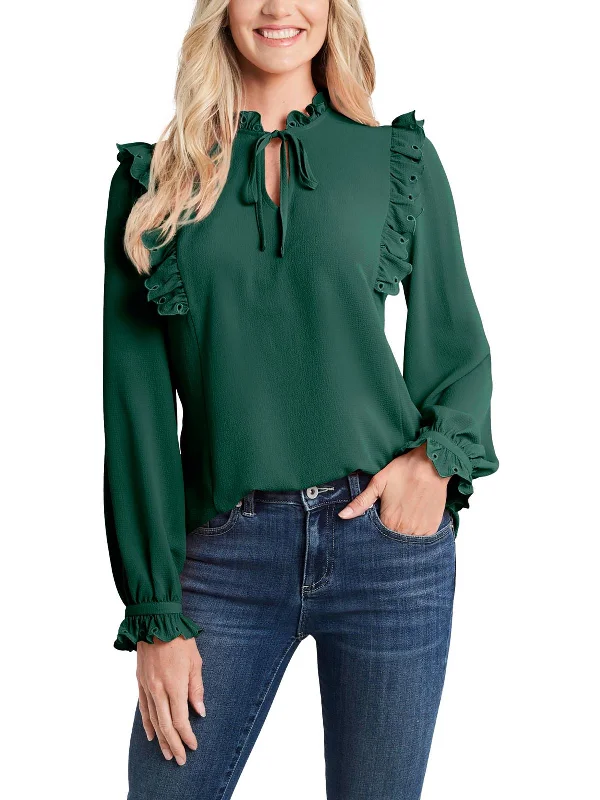 Womens Tie-Neck Ruffled Blouse Romantic Lace Blouse