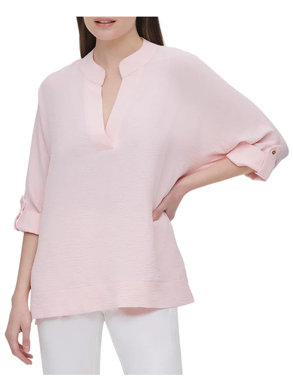 Womens V-Neck Roll Sleeves Blouse Gathered Detail Blouse