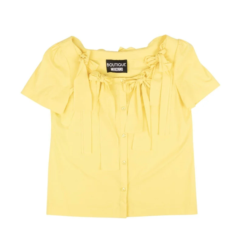 Yellow Bow Accented Show Sleeve Blouse Sheer Sleeve Blouse