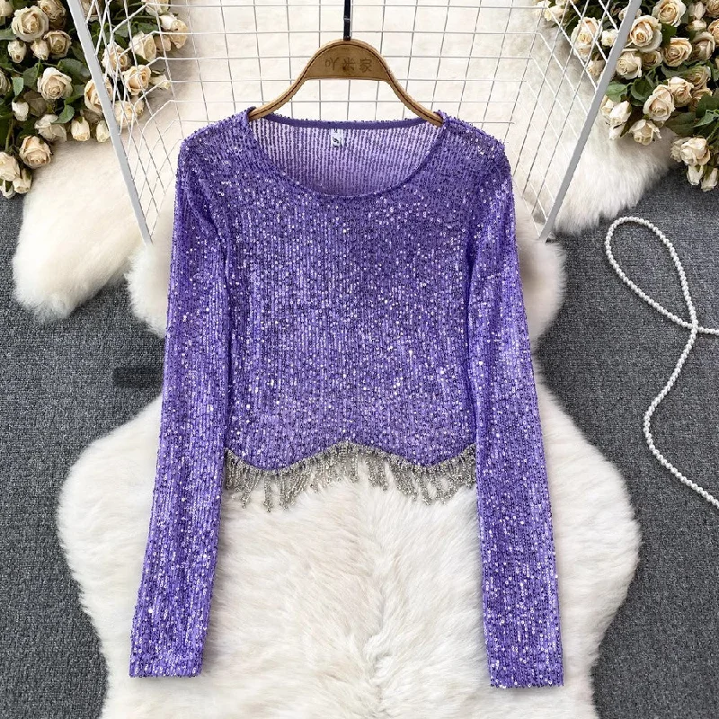 Fashionable sexy long-sleeved round neck sequins tassel T-shirt women's fashionable short top S4217 Terry Blend Velvet Blend Canvas Blend Fashionable sexy long-sleeved round neck sequins tassel T-shirt women's fashionable short top S4217 Terry Blend Velvet Blend Canvas Blend