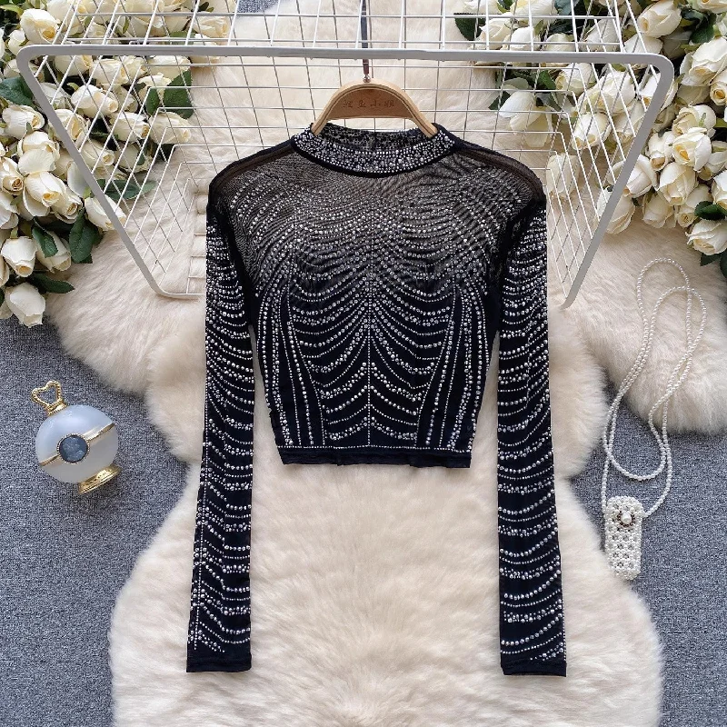 long-sleeved T-shirt women's diamond mesh design top S4496 Cashmere Blend Cotton Blend Poly Blend long-sleeved T-shirt women's diamond mesh design top S4496 Cashmere Blend Cotton Blend Poly Blend