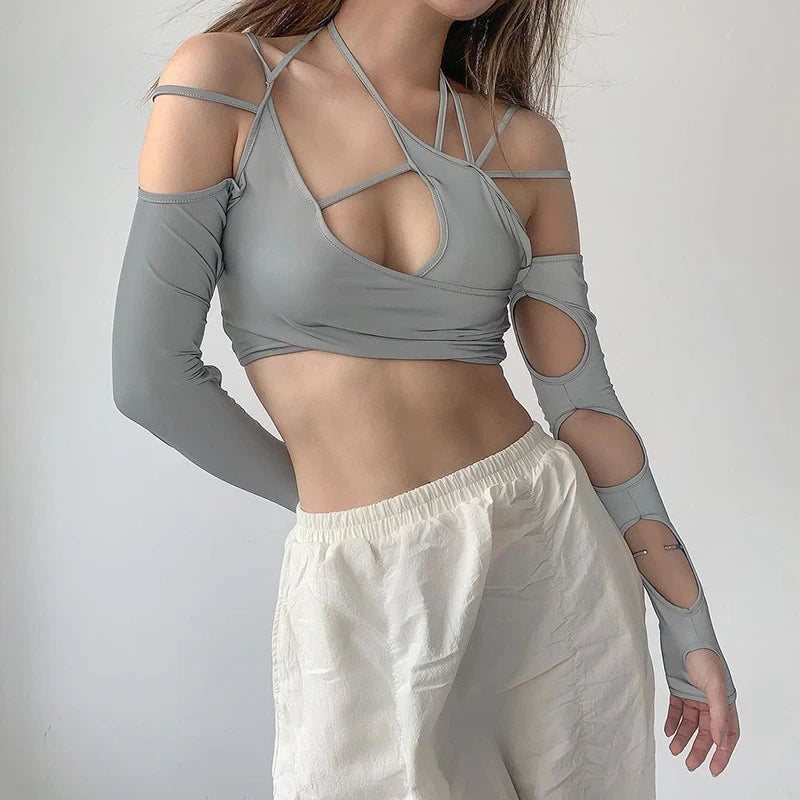 New Women Halter Tops Long Sleeve Crop Top Sexy Cut Out Casual T-shirts S2503 Layered Multi-layer Single Layer New Women Halter Tops Long Sleeve Crop Top Sexy Cut Out Casual T-shirts S2503 Layered Multi-layer Single Layer