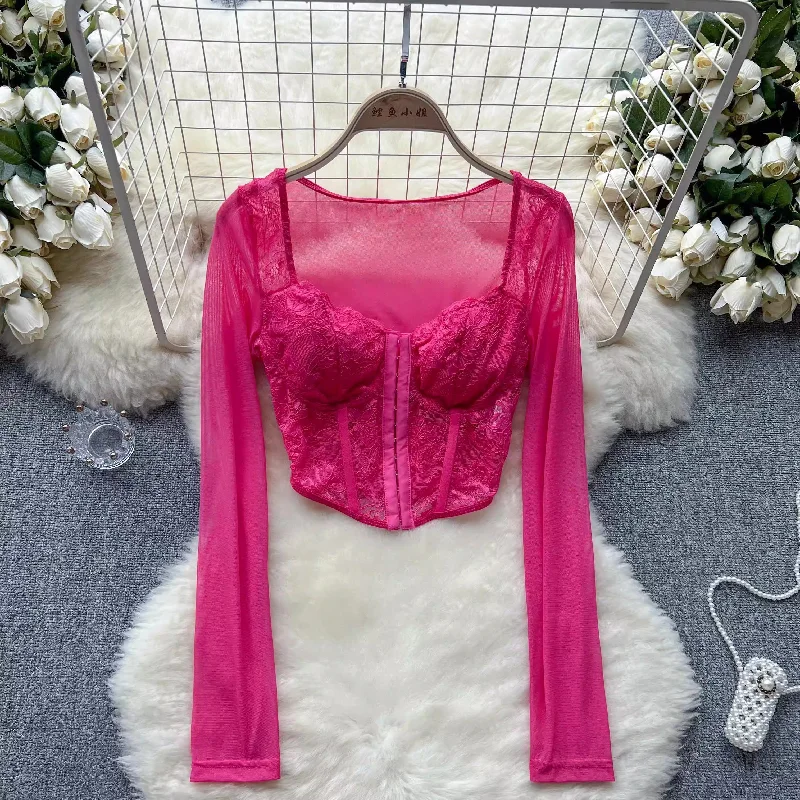 Sexy lace mesh long-sleeved T-shirt for women hot girl short top S4591 Denim Fabric Leather Fabric Suede Fabric Sexy lace mesh long-sleeved T-shirt for women hot girl short top S4591 Denim Fabric Leather Fabric Suede Fabric