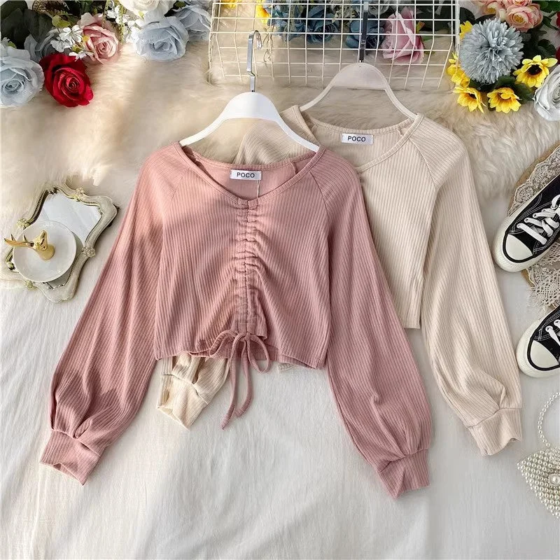 sexy short crop top design V-neck style long-sleeved T-shirt S4129 Lace Blend Ribbed Blend Corduroy Blend sexy short crop top design V-neck style long-sleeved T-shirt S4129 Lace Blend Ribbed Blend Corduroy Blend
