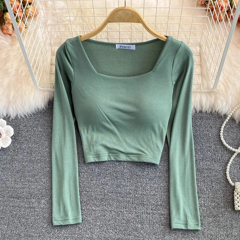 square collar t-shirt with chest pad for women short shirt top long sleeves S3986 Houndstooth Herringbone Solid square collar t-shirt with chest pad for women short shirt top long sleeves S3986 Houndstooth Herringbone Solid