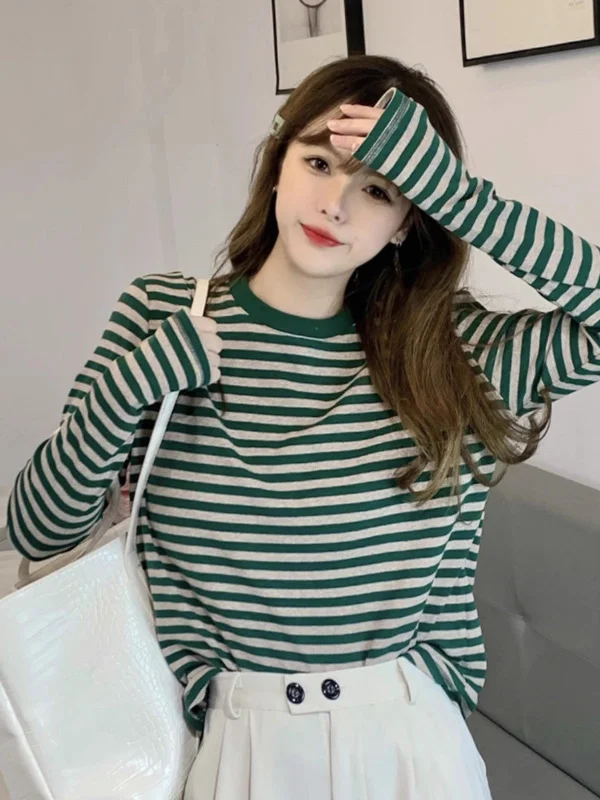 Striped long-sleeved t-shirt women's top       S3420 Plaid T-Shirt Polka Dot Checkered