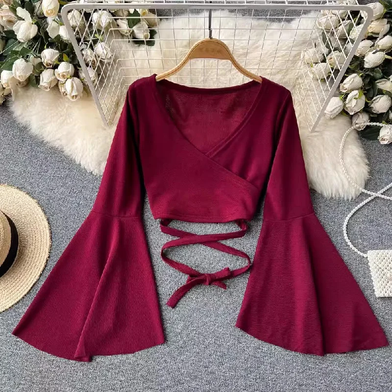 V-neck short bell sleeves sexy long-sleeved T-shirt women's chic tops S4589 Cotton Fabric Linen Fabric Terry Fabric V-neck short bell sleeves sexy long-sleeved T-shirt women's chic tops S4589 Cotton Fabric Linen Fabric Terry Fabric