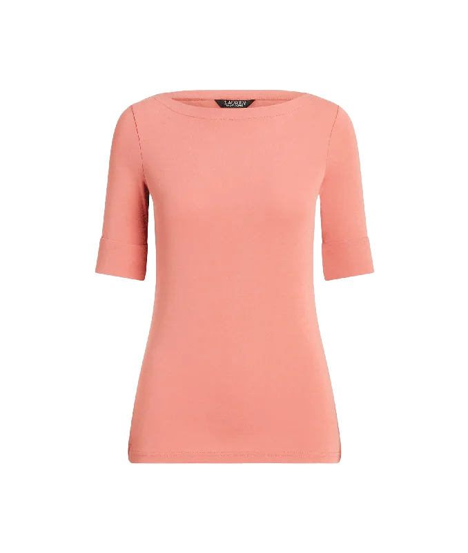Stretch Cotton Boatneck Tee - Pink Handmade Hand-knitted Hand-woven