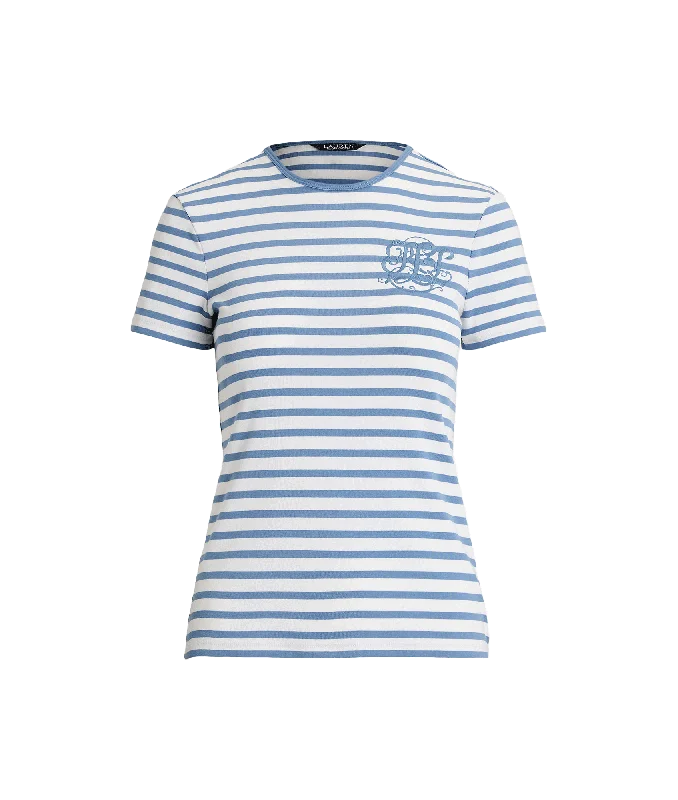 Striped Stretch Cotton Crewneck Tee - Blue Welt Pockets Slit Pockets Flap Pockets