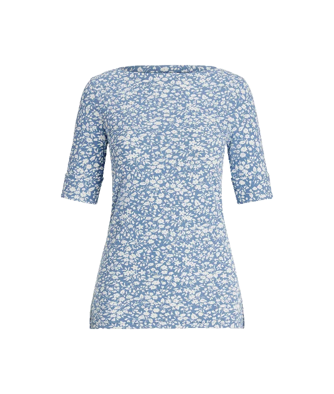 Floral Stretch Cotton Boatneck Tee - Blue Hooded Caped Shawl Collar