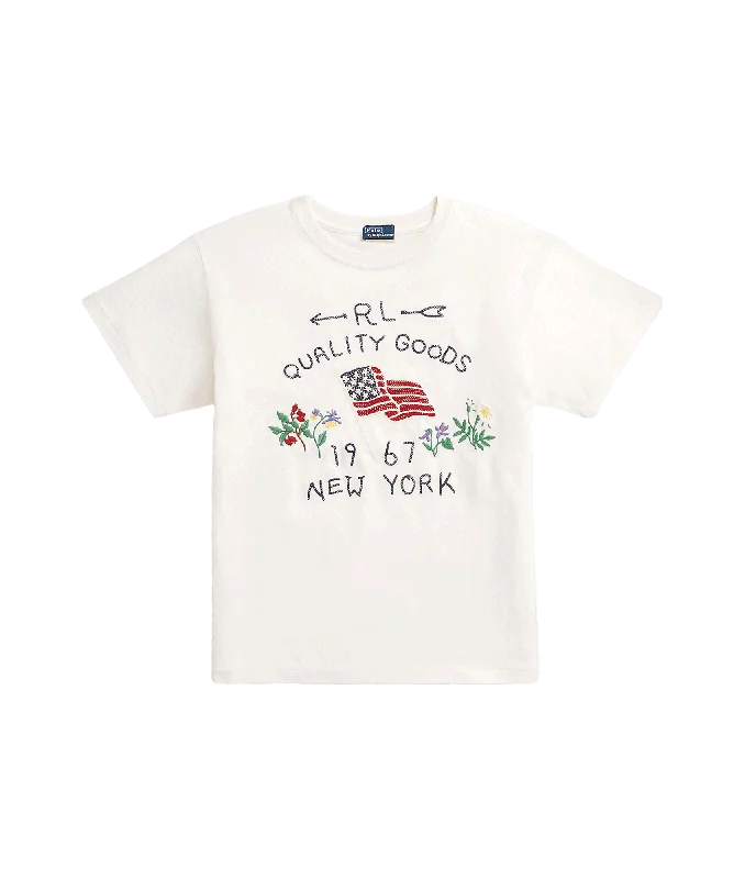 Embroidered Flag Cotton Tee - White Cotton Fabric Linen Fabric Terry Fabric
