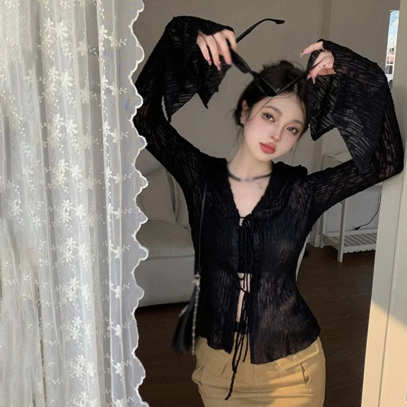 Znbbw Women's top Waist up Slim fitting Women's coat Air-conditioned shirt Sunscreen Cardigan Lace Lace up T-shirt Fashionable Trendy Casual
