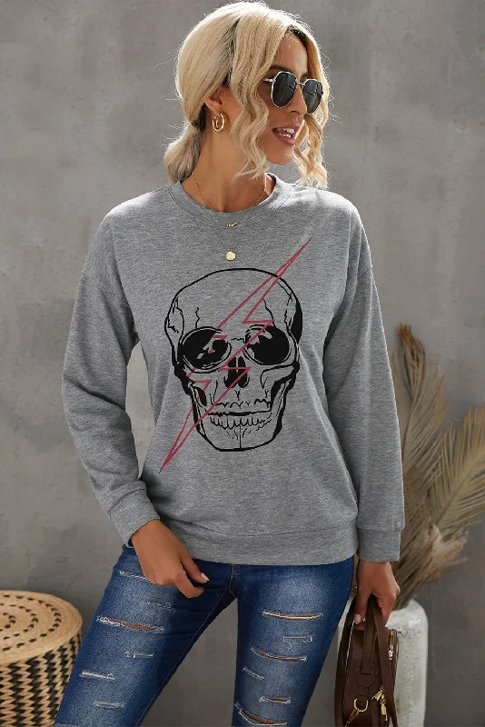 Halloween Skull and Lightning Graphic Tee Layered Multi-layer Single Layer