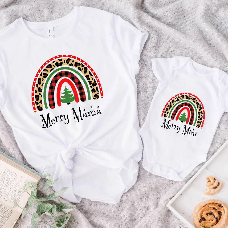 Merry Mama & Mini Christmas Rainbow Matching White T-Shirt & Bodysuit Modern Contemporary Chic
