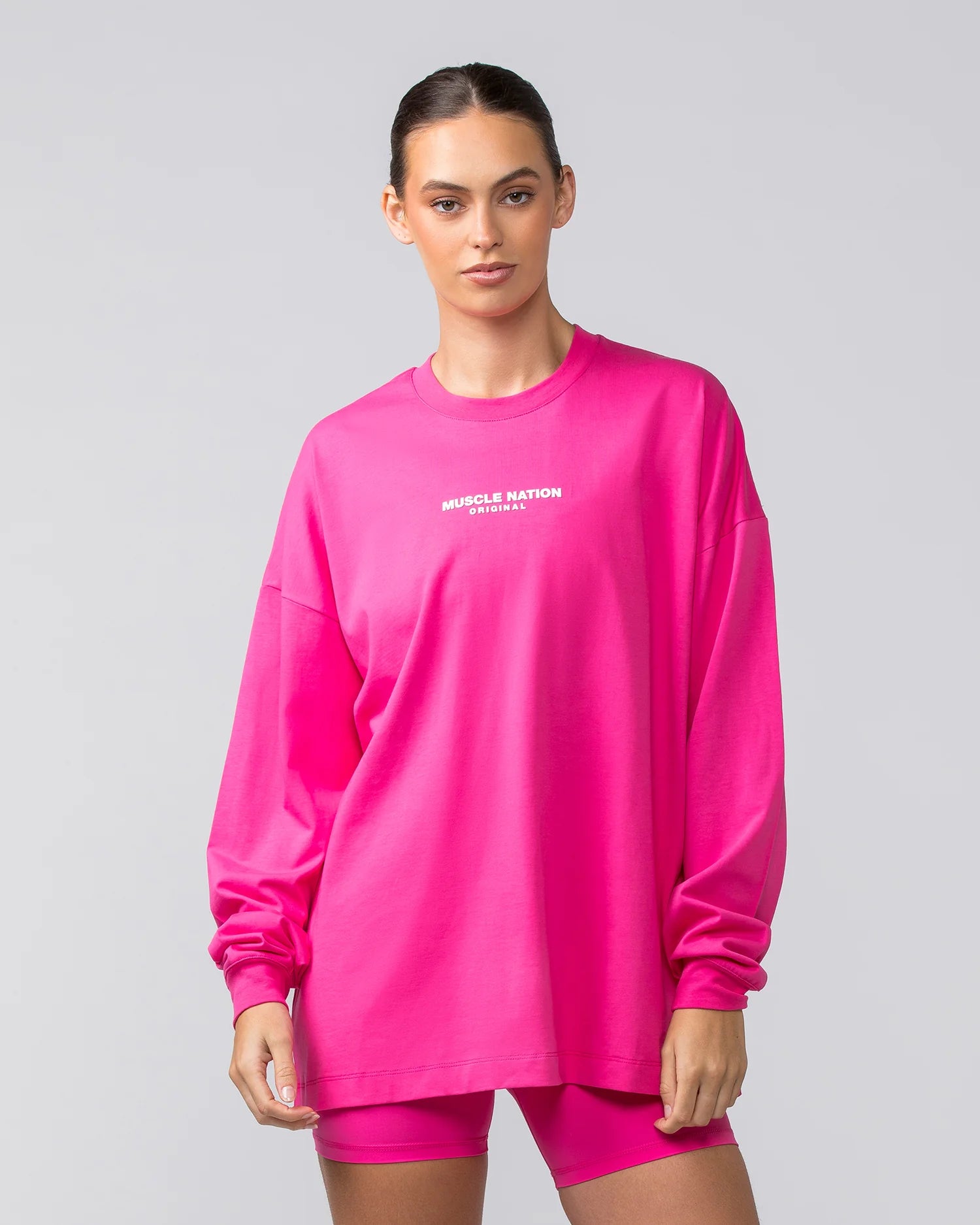 Muscle Nation | OG Oversized Long Sleeve Tee - Luminous Pink Iron Safe Non-Iron Wrinkle Free Muscle Nation | OG Oversized Long Sleeve Tee - Luminous Pink Iron Safe Non-Iron Wrinkle Free