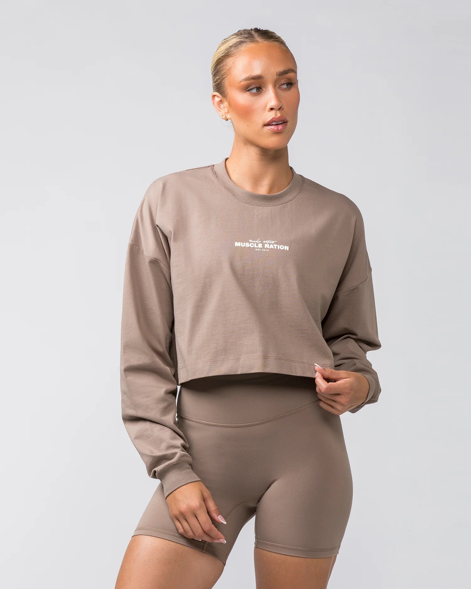 Muscle Nation | Pace Cropped Long Sleeve Tee - Mushroom Fashionable Trendy Casual