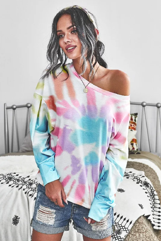Tie-Dye Boat Neck Batwing Sleeve Tee Solid Color Striped Floral