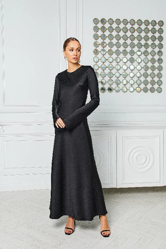 Alexa Black Satin Long Sleeve Maxi Dress Trendy Maxi Dress with Lace