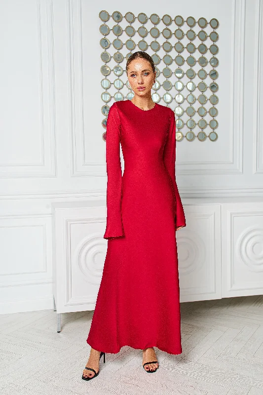 Alexa Red Satin Long Sleeve Maxi Dress Trendy A-Line Maxi Dress