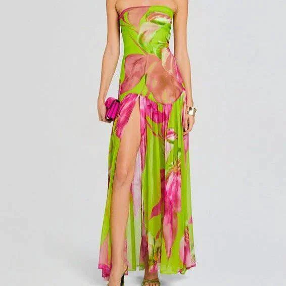 Alma Strapless Floral Printed Maxi Dress Elegant Lace Maxi Dress