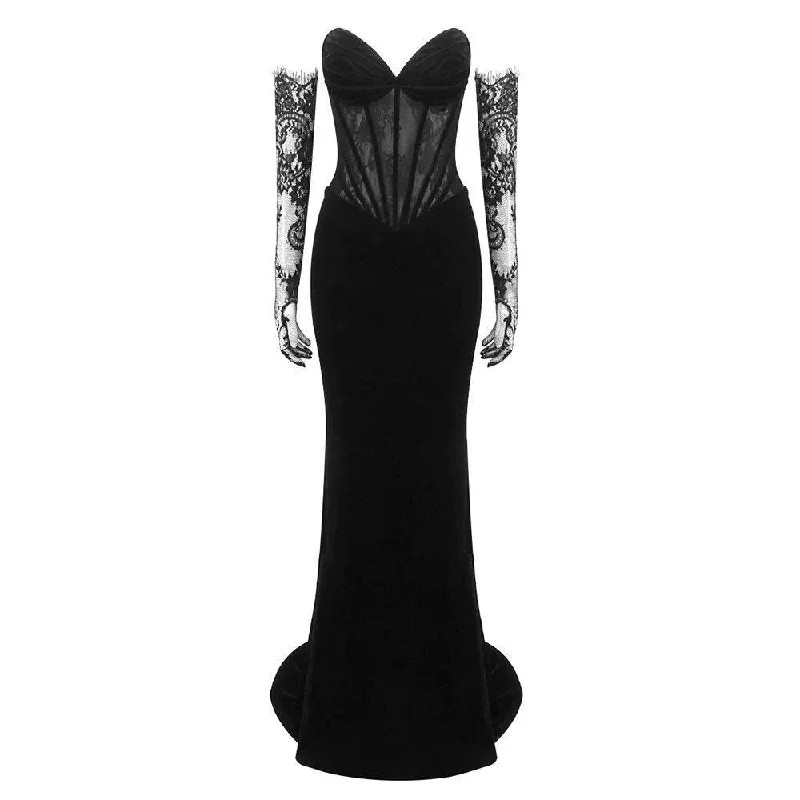 Annie Off Shoulder Maxi Dress With Lace Opera Gloves Comfortable Fit-and-Flare Maxi Dress