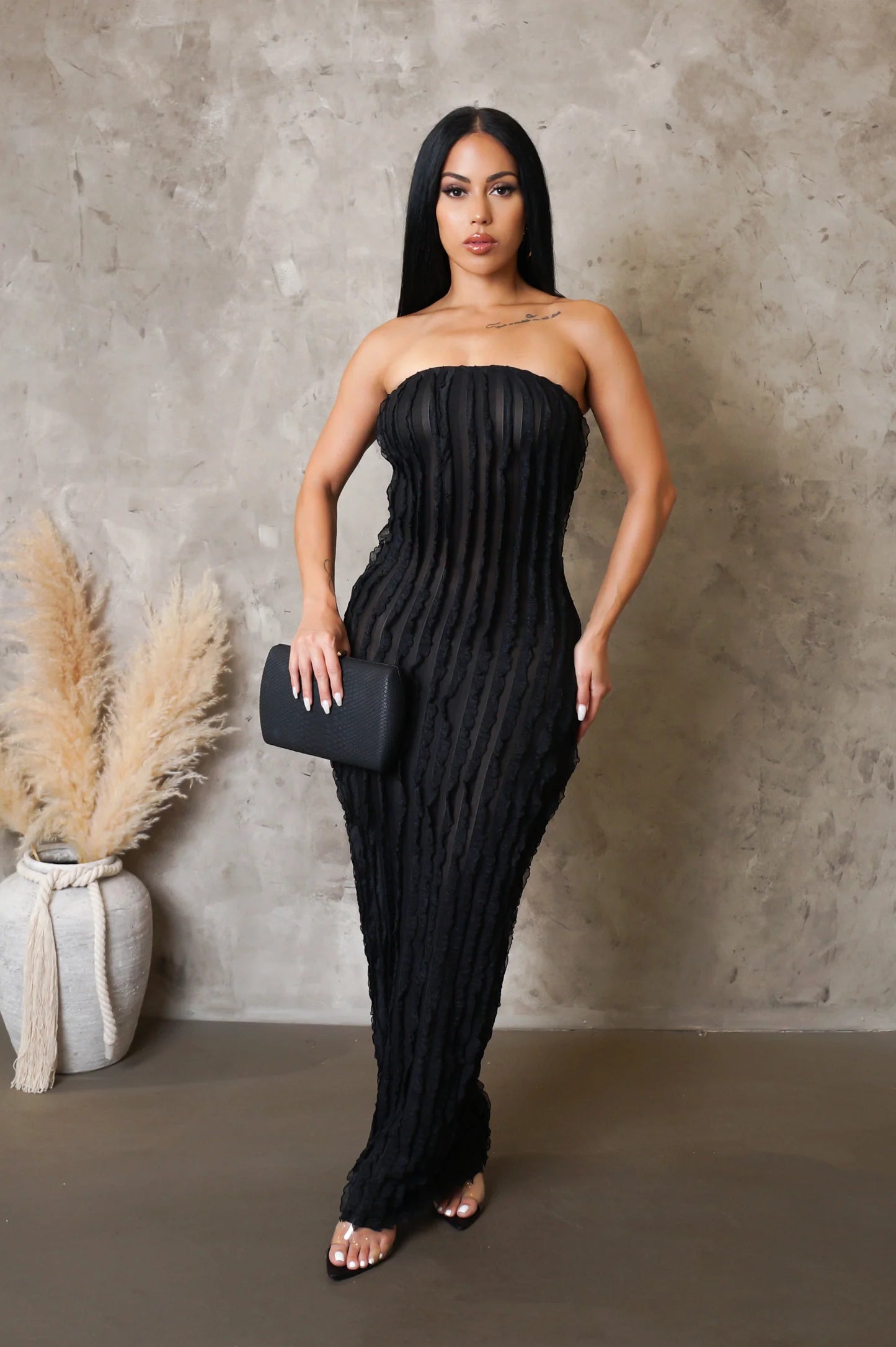 Ariella Strapless Ruffle Maxi Dress Black Elegant Boho Maxi Dress