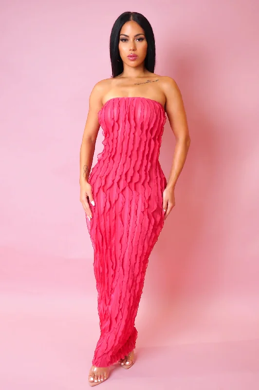 Ariella Strapless Ruffle Maxi Dress Pink Trendy Button Front Maxi Dress