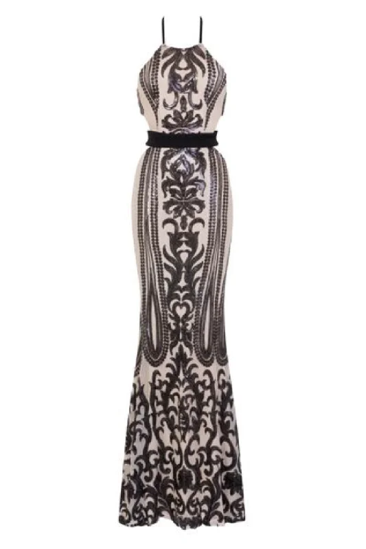 Ayisha Luxe Black Nude Victorian Sequin Illusion Exposed Maxi Dress Fashionable Button-Down Maxi Dress