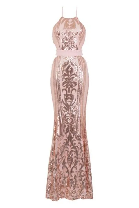 Ayisha Luxe Rose Gold Victorian Sequin Illusion Exposed Maxi Dress Elegant Maxi Dress with Pockets