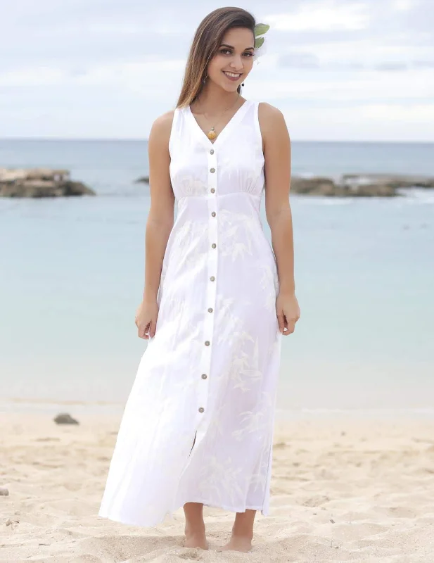Bamboo White Rayon Long Maxi Dress Stylish Pleated A-Line Maxi Dress