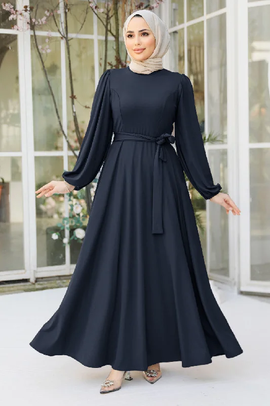 Navy Blue Jersey Swing Maxi Dress Elegant Lace-Up Maxi Dress