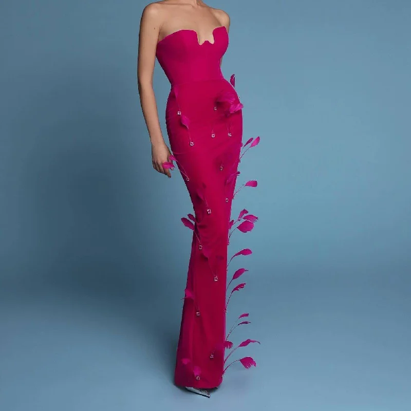 Bella Strapless Feather Crystal Maxi Dress Classic Solid Maxi Dress