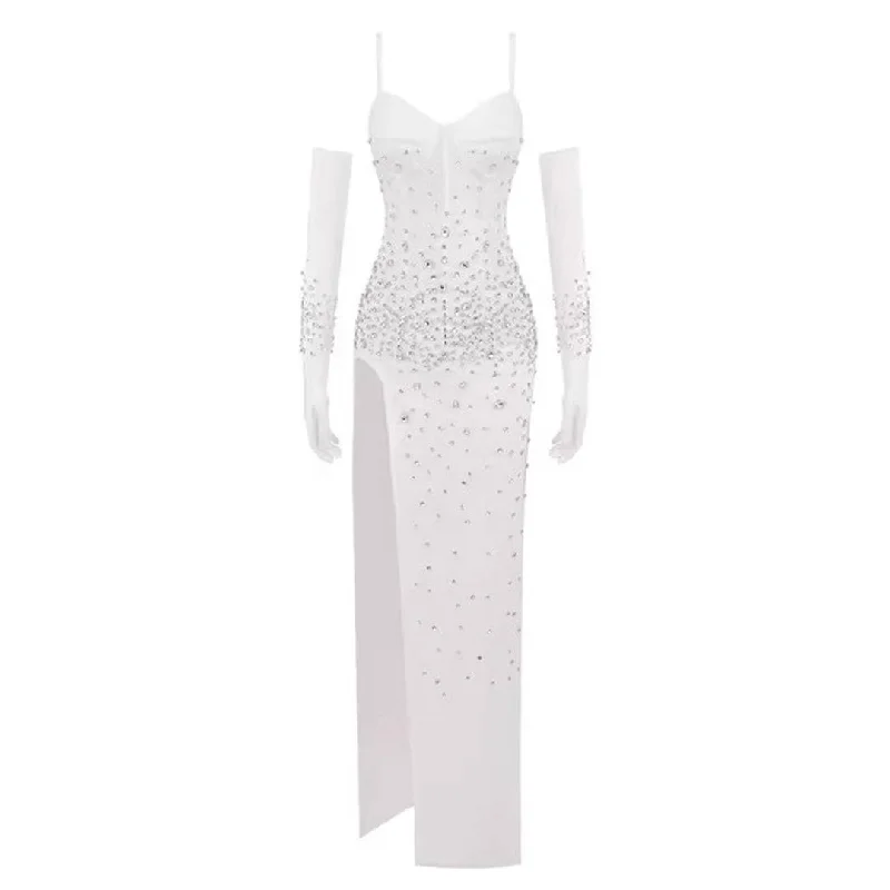 Belle Bustier Crystal Slit Maxi Dress Trendy Short Sleeve Maxi Dress