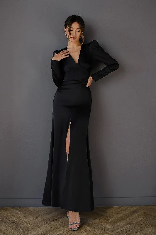 Black V-neck Puff Sleeve Maxi Dress Cozy Knit Maxi Dress