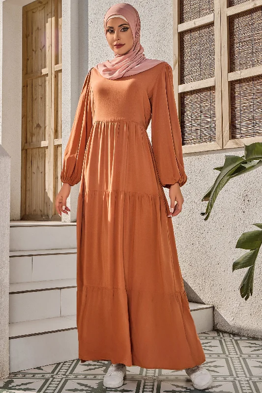 Burnt Orange Long Sleeve Maxi Dress Cozy Ruffle Sleeve Maxi Dress