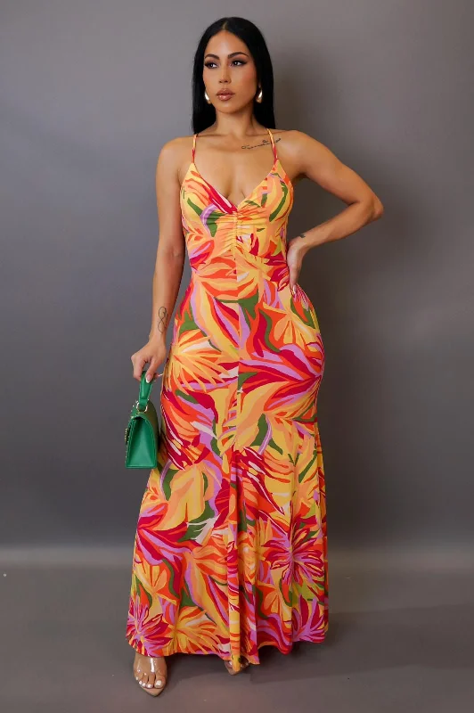 Caia Sunset Tropical Maxi Dress Yellow Fashionable Chiffon Maxi Dress