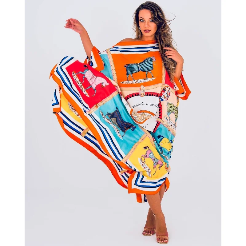 CAIRO Orange Print Caftan Maxi Dress Trendy Off-Shoulder Ruffle Maxi Dress