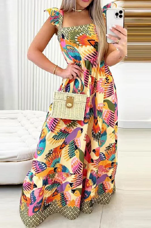 Cartoon Bird Print Sweet Ruffle Shoulder Maxi Dress Stylish Boho Maxi Dress