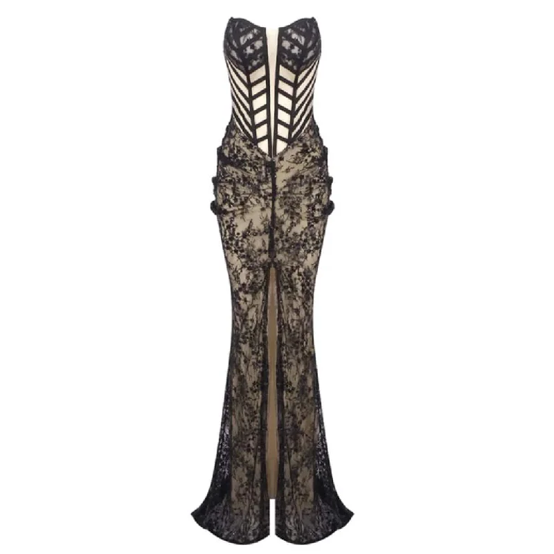 Cassidy See-through Front Slit Maxi Dress Elegant Tiered Maxi Dress