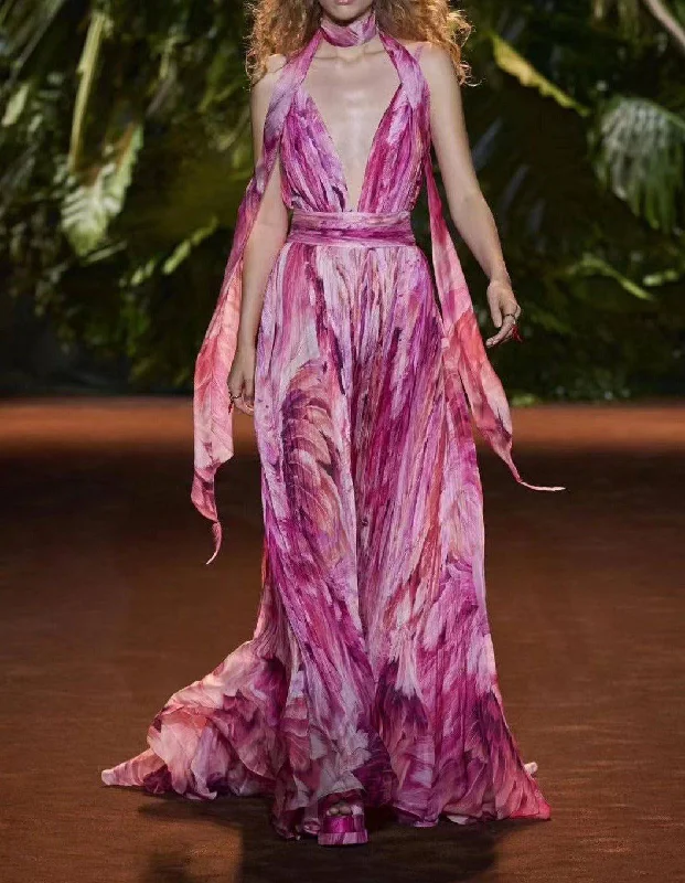 Charley Ribbon Neck Deep V-neck Maxi Dress Stylish Maxi Dress with Pleats